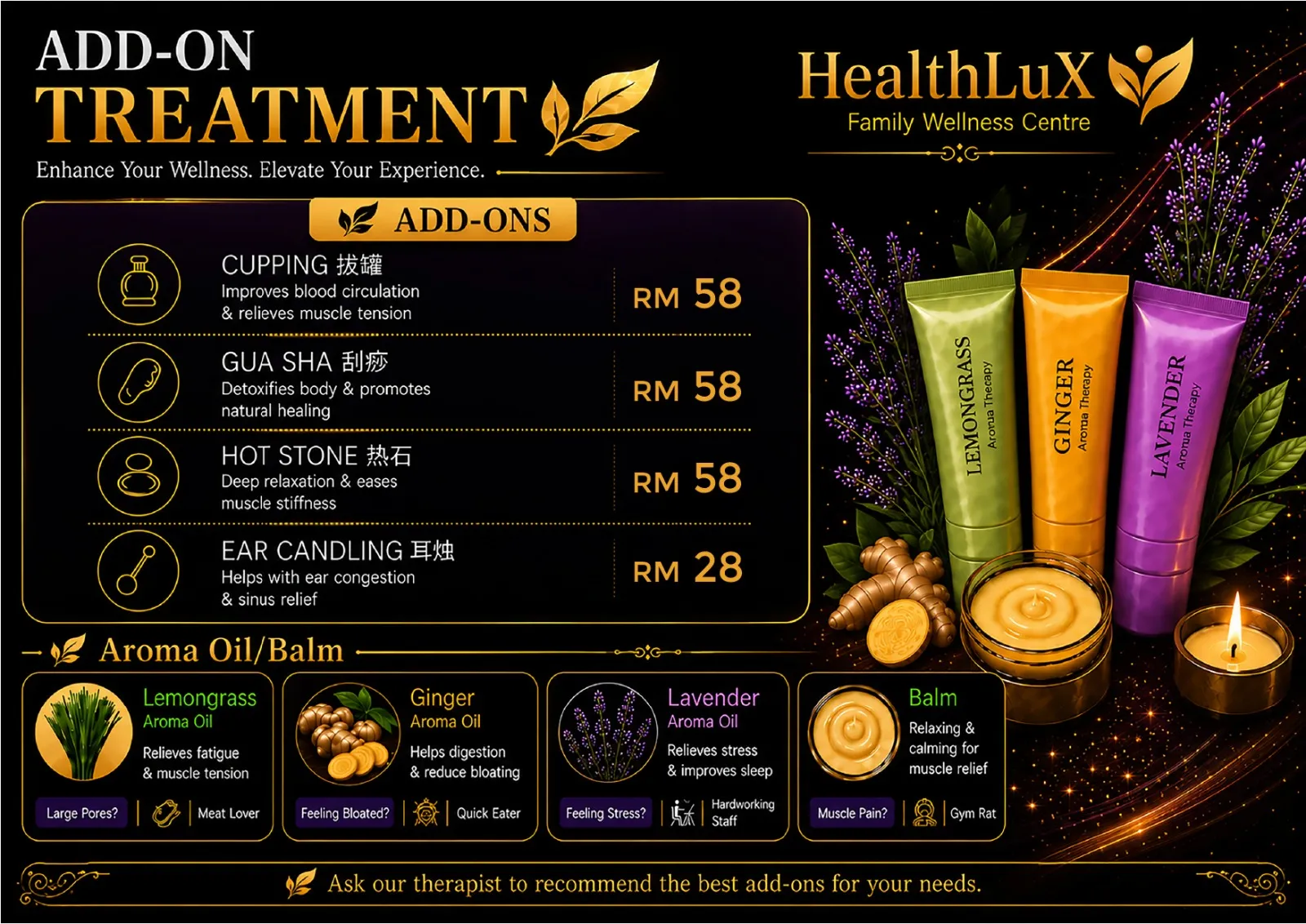 Add-on treatments poster: cupping, gua sha, hot stone and ear candling