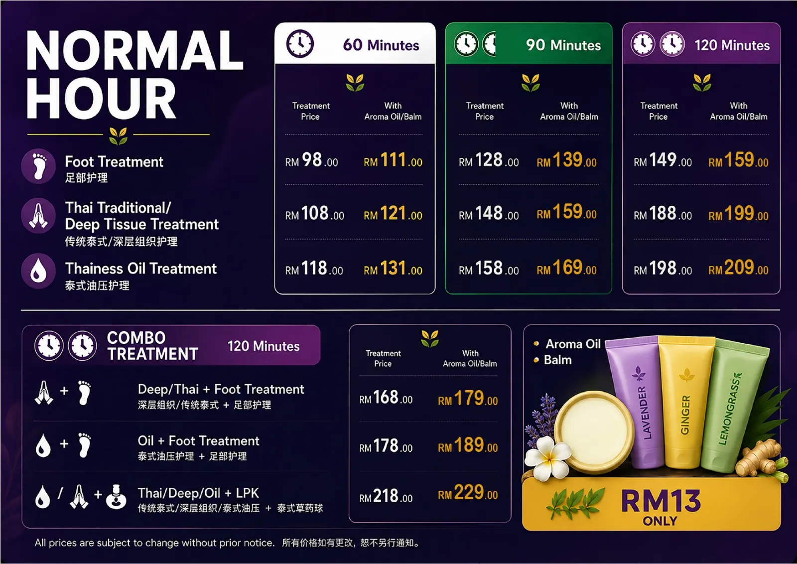 Normal-hour price list poster for foot, Thai, deep tissue and oil treatments