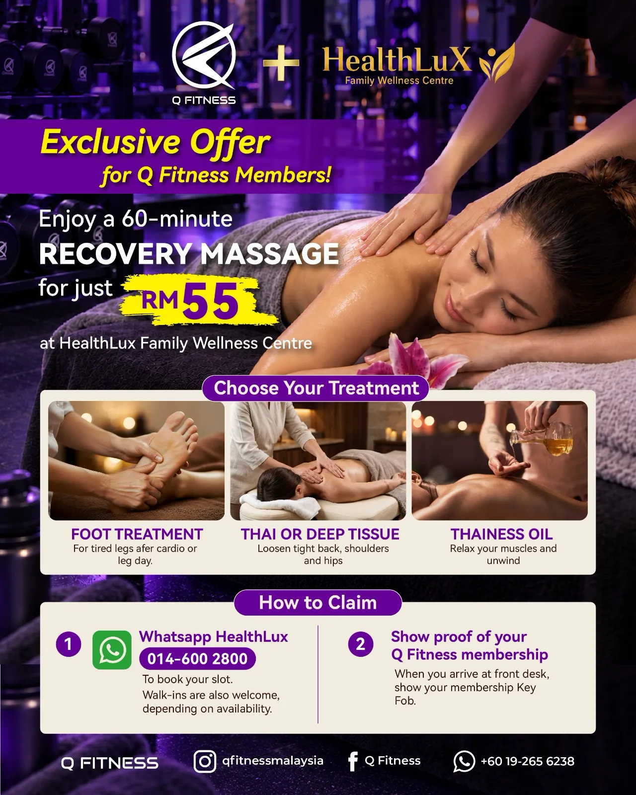 Q Fitness member offer poster: RM55 60-minute recovery massage